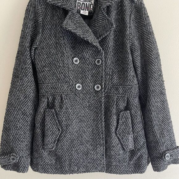 Billabong Tweed Pea Coat Jacket Womens Size XL Wool Blend Collared Black Pocket - Picture 6 of 16